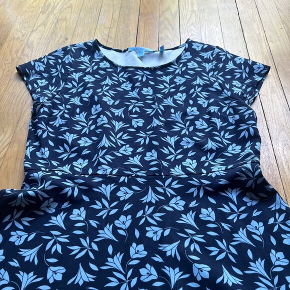 Draper James Size L Navy Blue Floral Print Ponte Knit Short Sleeve A-Line Dress - Picture 6 of 15